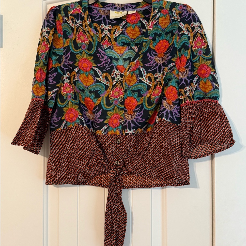 Maeve by Anthropologie Vibrant Floral Tie-Front Blouse